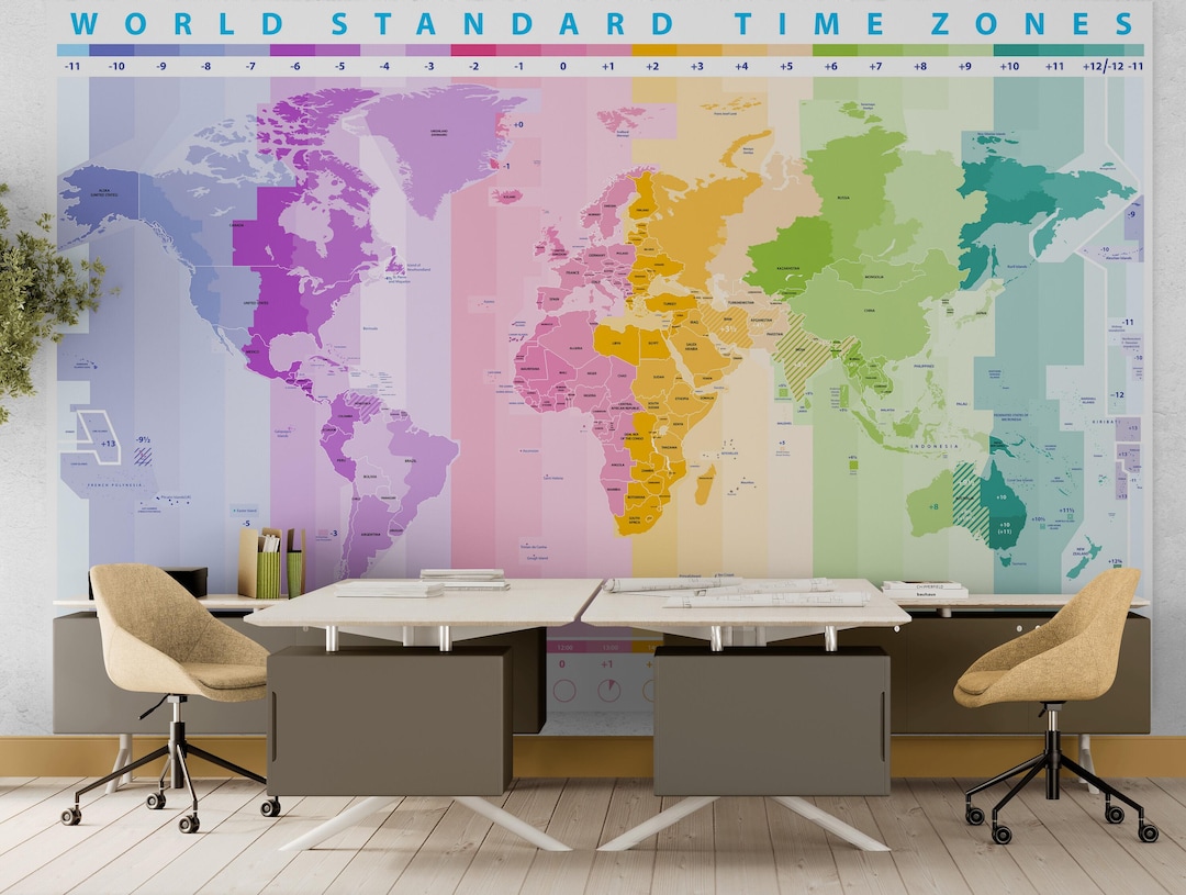 World Time Zone Wallpaper. Peel and Stick Wall Mural. Global Time Map ...