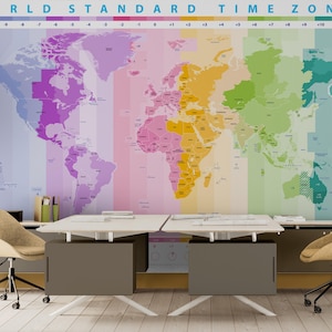 Papier peint fuseau horaire mondial. Papier peint autocollant. Carte de l'heure pour un bureau, une salle de classe, un mur d'entreprise ou une salle d'étude. #6948