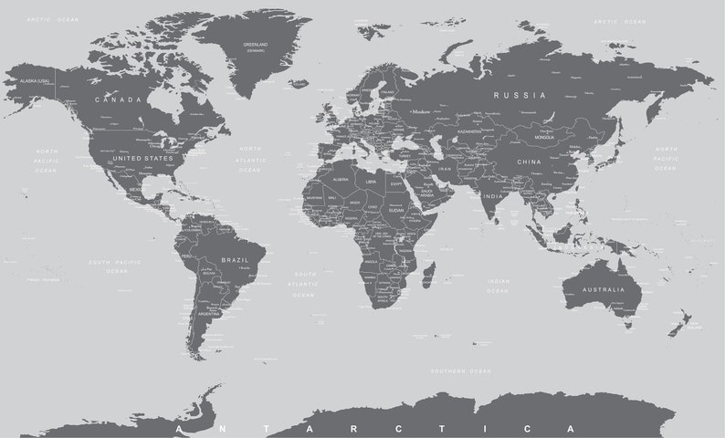 Large Wall Covering No Glue needed Simple Peel and Stick #6133 Grey World Map Wall Mural