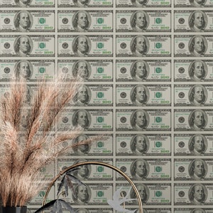 May include: A wall covered in a repeating pattern of US $100 bills. The bills are all facing the same direction and are arranged in a grid pattern. The bills are all in good condition and have a crisp, new look.