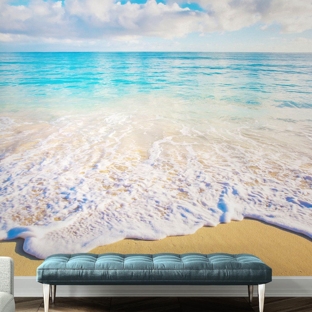 Ocean Beach Shore Wallpaper Mural. Tropical Theme Wall Decor, Bathroom