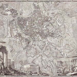 May include: A detailed black and white map of Rome, Italy, from the 1700s. The map shows the city's streets, buildings, and landmarks. The map is surrounded by a decorative border.