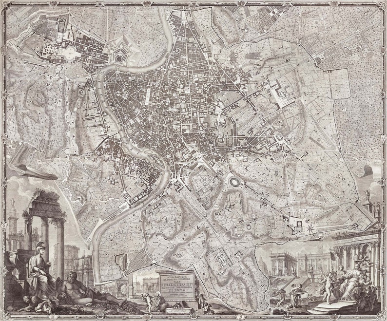 May include: A detailed black and white map of Rome, Italy, from the 1700s. The map shows the city's streets, buildings, and landmarks. The map is surrounded by a decorative border.