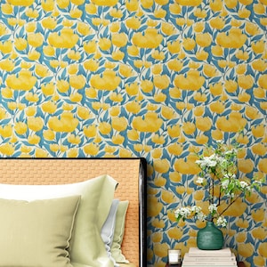 Yellow Floral Flower Background Pattern Wall Mural. Watercolor Drawing. Peel and Stick Wallpaper. Boho Wallpaper. #6456