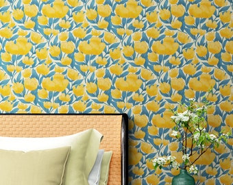 Yellow Floral Flower Background Pattern Wall Mural. Watercolor Drawing. Peel and Stick Wallpaper. Boho Wallpaper. #6456