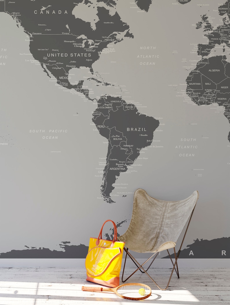 Large Wall Covering No Glue needed Simple Peel and Stick #6133 Grey World Map Wall Mural