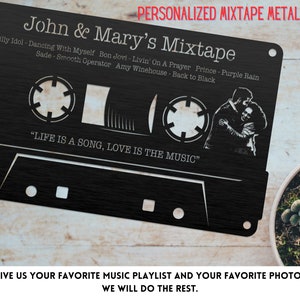 Personalized Anniversary Gift, Birthdays Gift, Valentines Gift. Custom Metal Art Mixtape. Personalized Song Titles w/ Beloved Photo #M1016