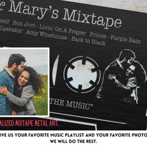 May include: A black metal cassette tape design with a couple's photo in the center. The text "& Mary's Mixtape" is at the top of the design. The text "GIVE US YOUR FAVORITE MUSIC PLAYLIST AND YOUR FAVORITE PHOTO. WE WILL DO THE REST." is at the bottom of the design.