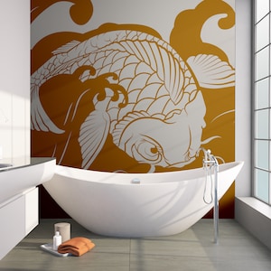 Koi Fish Wall Decal Sticker. Surfing Wall Decor. Ocean / Beach Wall Decal. Bathroom Wall Art. Tropical Wall Art. Koi Fish Art. OS_MB118 image 1