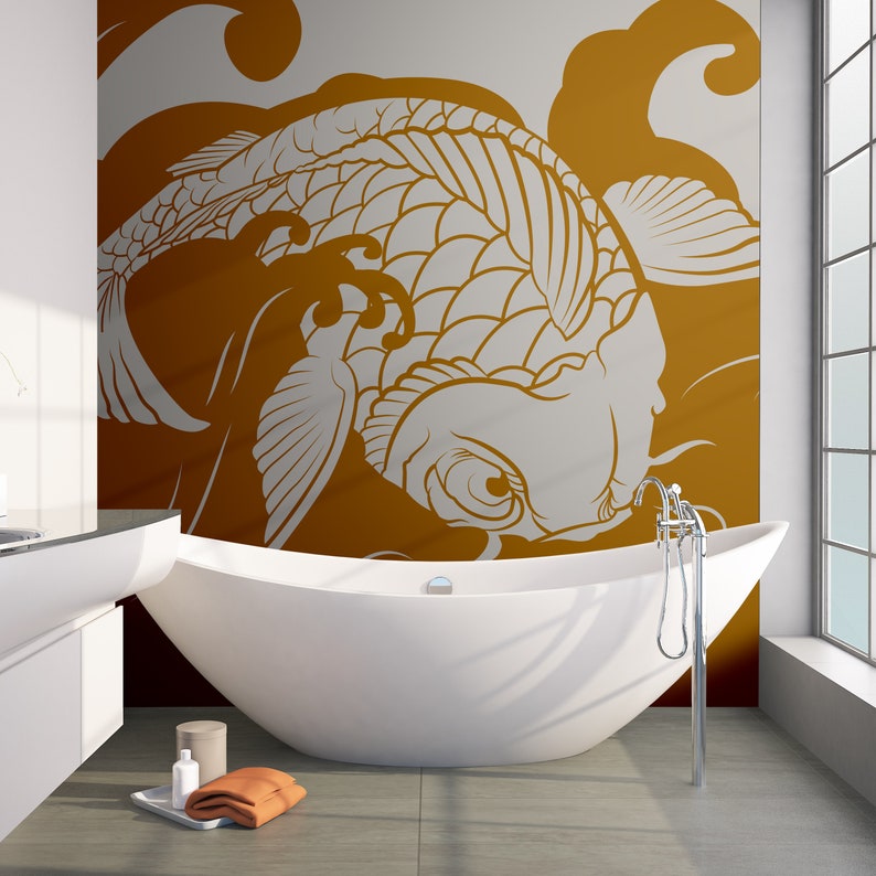 Koi Fish Wall Decal Sticker. Surfing Wall Decor. Ocean / Beach Wall Decal. Bathroom Wall Art. Tropical Wall Art. Koi Fish Art. OS_MB118 image 1