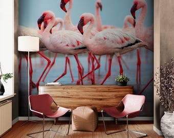 Mural de pared de flamencos rosas: papel pintado tropical autoadhesivo para dormitorio, baño, casa de playa o decoración veraniega. #7073