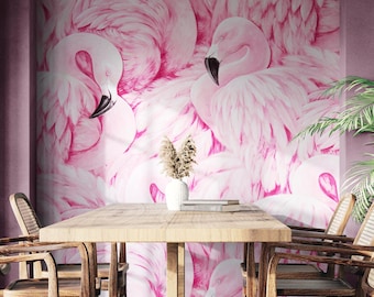 Mural de pared con estampado de flamencos rosas. Papel pintado tropical autoadhesivo para dormitorio, baño, casa de playa, salón y alquiler vacacional. #7075