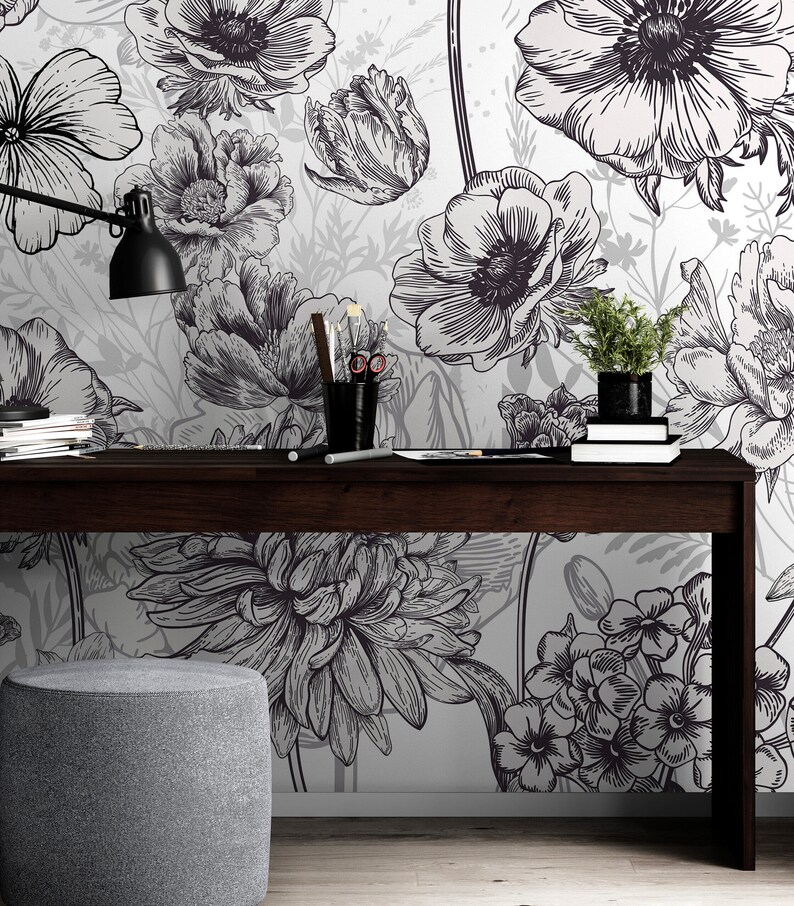 Black and White Flower Wallpaper Mural. Farmhouse Decor. Blossom Floral ...