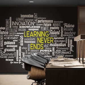 Learning Never Ends Office Wall Quote Wallpaper Mural. Motivational Business & Innovation Decor. Creative Quote. #6927