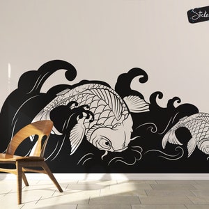 Koi Fish Wall Decal Sticker. Surfing Wall Decor. Ocean / Beach Wall Decal. Bathroom Wall Art. Tropical Wall Art. Koi Fish Art. OS_MB118 image 2