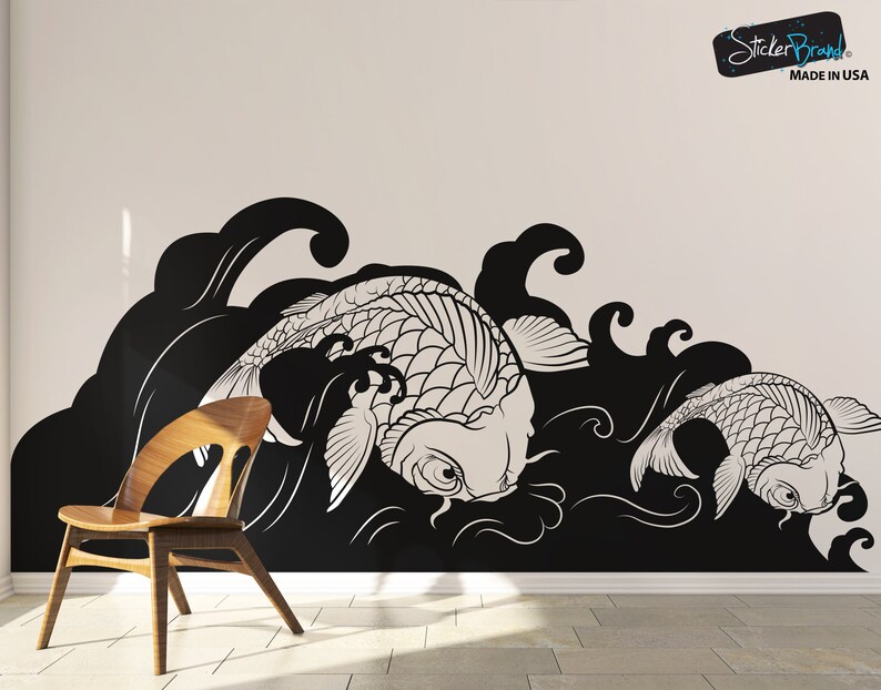 Koi Fish Wall Decal Sticker. Surfing Wall Decor. Ocean / Beach Wall Decal. Bathroom Wall Art. Tropical Wall Art. Koi Fish Art. OS_MB118 image 2