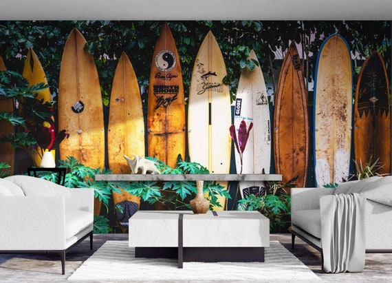 Mural de pared Surf. Decoración de pared de surf, impresión de pared de surf,  tablas de surf en Hawai, arte de baño tropical. Fondo de pantalla de playa.  6509 -  España