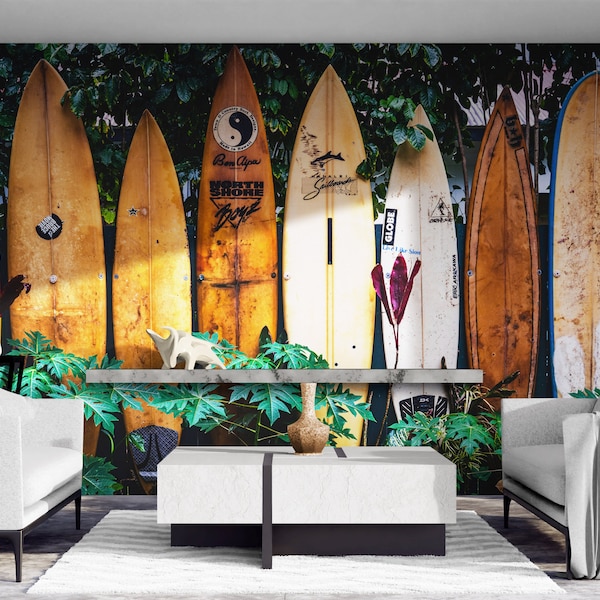 Surfing Wallpaper Wall Mural. Surf Wall Decor, Surf Wall Print, Surfboards in Hawaii, Tropical Bathroom Art. Beach Wallpaper. #6509