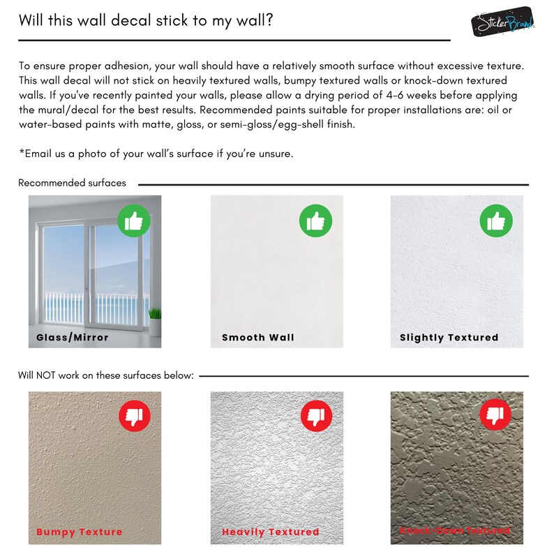 May include: A guide to determine if a wall decal will stick to a wall.  The guide shows thumbs up for surfaces like glass, smooth walls, and slightly textured walls.  Thumbs down are shown for bumpy, heavily textured, and rough surfaces.