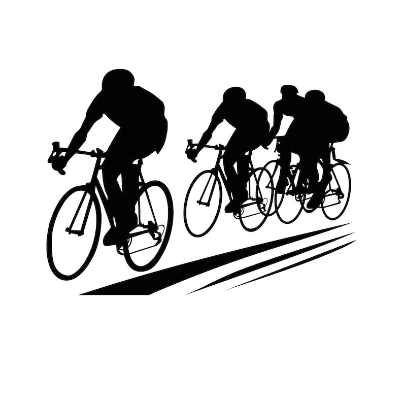 Puede incluir: Silueta de tres ciclistas montando bicicletas en una carrera. Los ciclistas llevan cascos y est&aacute;n en fila, con el ciclista l&iacute;der en la parte delantera.