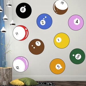 Billiard balls Wall Sticker. Pool Cue Wall Decal. Game Room Wall Decor. Gift for Dad. Gift for Brother. Man Cave Wall Decor. OS_MB130 image 4