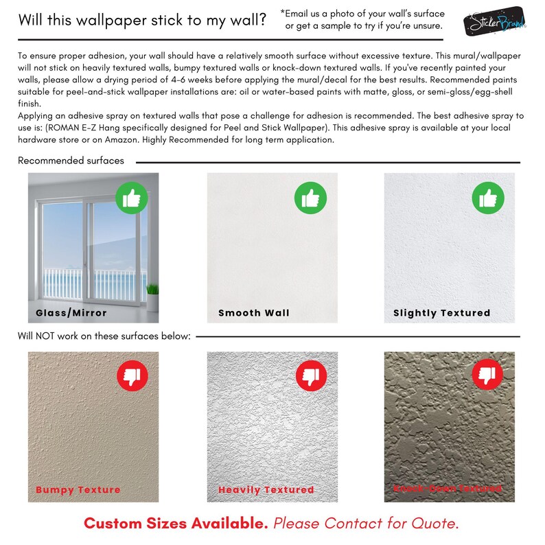 Pode incluir: Um guia informativo intitulado Will this wallpaper stick to my wall? com instru&ccedil;&otilde;es de texto e seis exemplos visuais de superf&iacute;cies. Tr&ecirc;s imagens mostram superf&iacute;cies compat&iacute;veis com marcas verdes e tr&ecirc;s mostram superf&iacute;cies incompat&iacute;veis.
