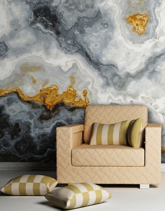  Mural de pared retro abstracto de mármol gris dorado, pintura  de tinta moderna, arte de renderizado, calcomanías de pared 3D, pinturas de  decoración para mural fotográfico, papel tapiz para sala de