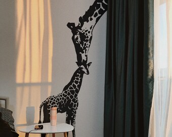 Nursery Room Decor. Mother Giraffe Kissing Baby Giraffe Wall Decal Sticker. Playroom Decor. Safari Giraffe Wall Decor. (Black Color) #384