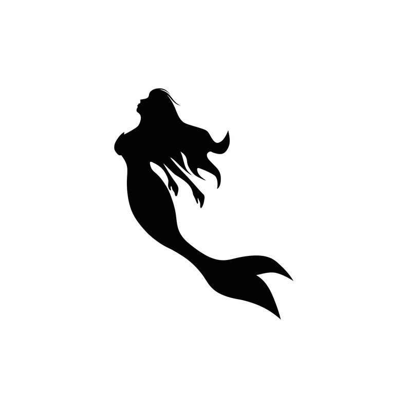 May include: Black silhouette of a mermaid with flowing hair and a tail.
