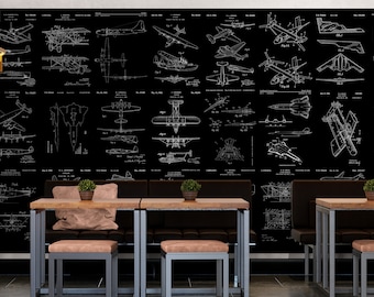 Mural de papel pintado de aviación. Con diseños de aviones militares y patentes de aeronaves. Papel pintado de color negro. Decoración con planos de patentes de aeronaves. #6732