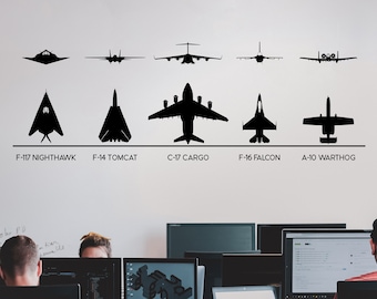 F-117, F-14, F-16, C-17, A-10 Military Fighter Jets Wall Decal Stickers. Air Force, Military Veterans Gift. Game Room Man Cave Art. #6644