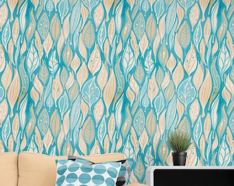 Couleur sarcelle Feuilles d’automne Motif Murale. Illustration rétro Motif de feuillage Peel and Stick Wallpaper. #6438