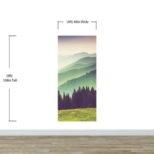 May include: A vertical wall mural featuring a landscape of layered green mountains and a dark pine forest under a soft sky. The mural measures 48 inches wide by 108 inches tall, as indicated by the dimension markers printed on the image.