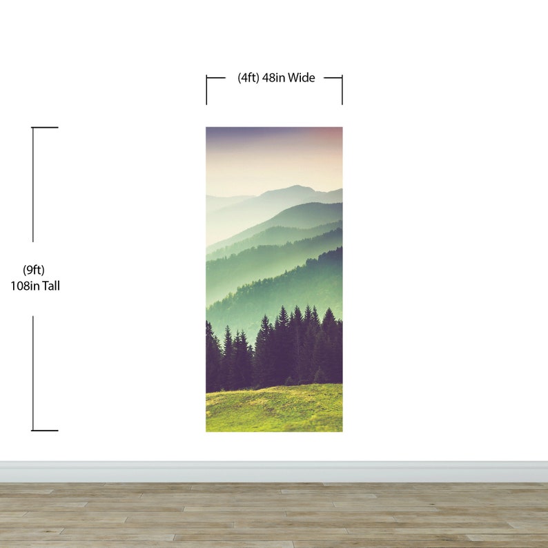 May include: A vertical wall mural featuring a landscape of layered green mountains and a dark pine forest under a soft sky. The mural measures 48 inches wide by 108 inches tall, as indicated by the dimension markers printed on the image.