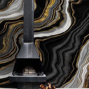 Marble Wallpaper Peel and Stick Mural Black Gold Abstract Marble Stone ...