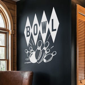 Classic Bowling Wall Decal Sticker. Bowling Ball Striking Pins, Game Room, Kids Room & Sports Decor. Play Room Decor. #6889