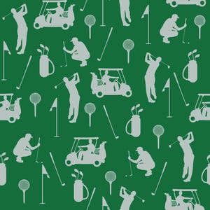 May include: A green and white seamless pattern featuring silhouettes of golfers, golf carts, golf clubs, and golf balls. The pattern is perfect for a golf-themed design project.