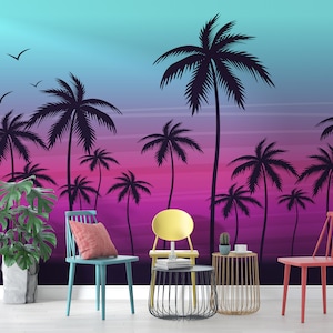 Miami Tropical Palm Tree Illustration Vice Color Sunset Wall Mural. Bright Miami Vice Blue and Fuchsia Colors. #6331