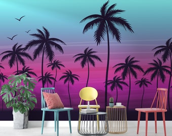 Miami Tropical Palm Tree Illustration Vice Color Sunset Wall Mural. Bright Miami Vice Blue and Fuchsia Colors. #6331