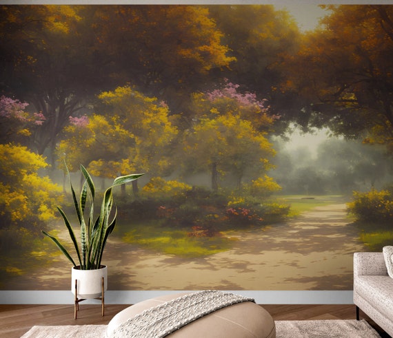Vintage Wallpaper Design. Trees Wall Mural. Peel and Stick Wallpaper. Large Tree Forest Wallpaper. Peaceful Wall Art Painting Print. #6496