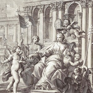 May include: A black and white engraving depicting a woman seated on a throne, surrounded by angels. The woman is wearing a crown and holding a scepter. The engraving is titled "CLEMENS XII PONT MAX ANNO CHRISTO SALVATORI".