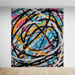 May include: Abstract painting with black, white, yellow, pink, and blue lines and swirls on a white background.