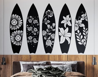 Surfboards Wall Decal Sticker. Floral Pattern Surfboards. Beach Vibes Theme Wall Art Decor. Surfing Decor. Bathroom Beach Decor. #6682
