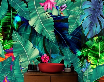 Rainforest Wallpaper Jungle Wallpaper Tropical Wall Mural Green Flowers Wall Decor Palm Tree Leaves Wallpaper Bedroom Decor Nursery. #6357