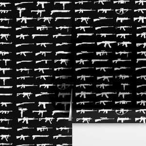 May include: A black and white repeating pattern of various gun silhouettes. The guns are arranged in rows and columns, creating a dense and graphic design.