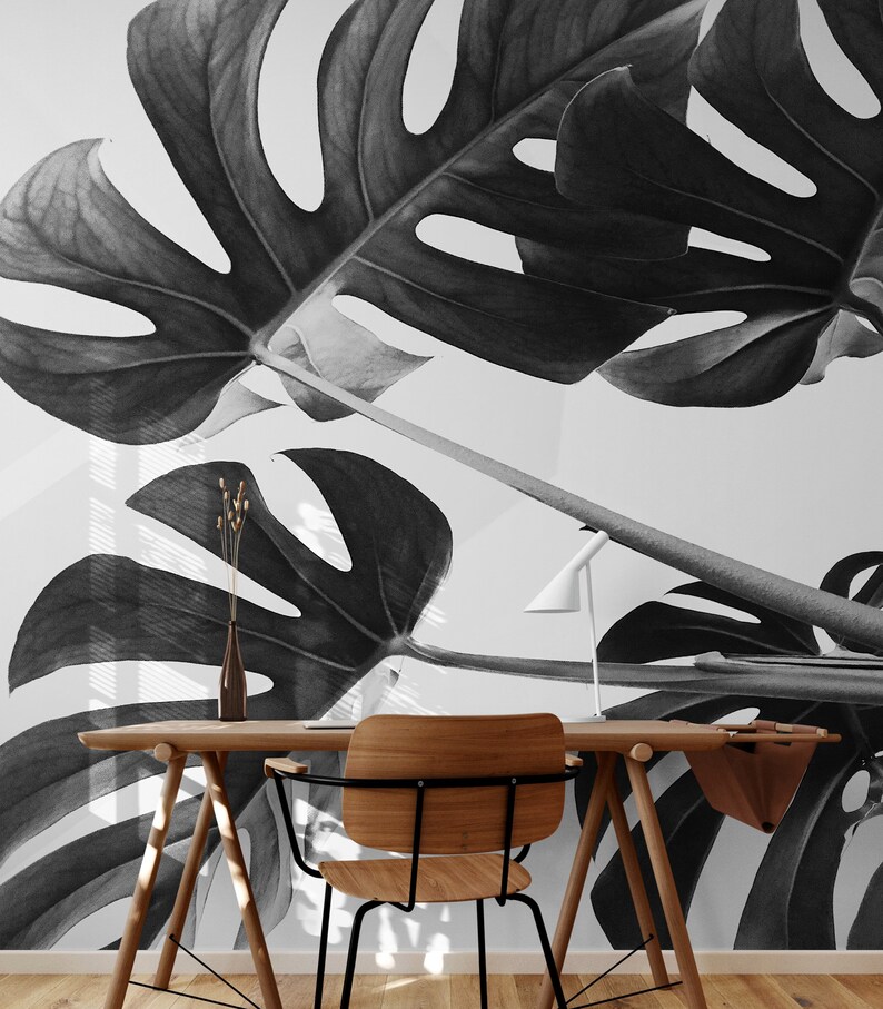 Elegant Black and White Leaves Wallpaper. Peel and Stick Wall Mural ...