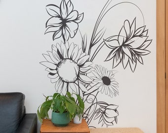 Sunflower Wall Decal Sticker. Floral Wall Decal. Flower Wall Decal. Bedroom Wall Decor. Makeup Room Decor. Bathroom Decor. Girls Room. #305