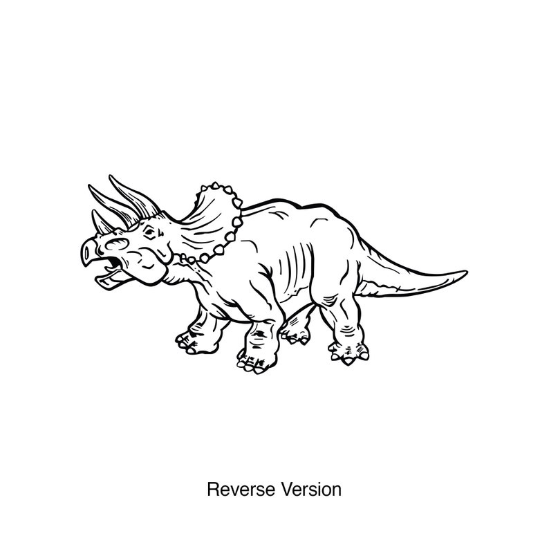 K&ouml;nnte beinhalten: Eine Schwarzwei&szlig;-Zeichnung eines Triceratops-Dinosauriers. Der Dinosaurier blickt nach links und hat drei H&ouml;rner auf dem Kopf. Der Dinosaurier hat einen Nackenschild und einen langen Schwanz.