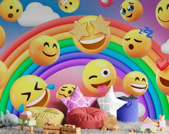 Nursery Room Wall Mural Decor. Kid's Room Wallpaper Peel and Stick Wall Mural. Fun Emoticon Smiling Faces. Children's Playroom. #6876
