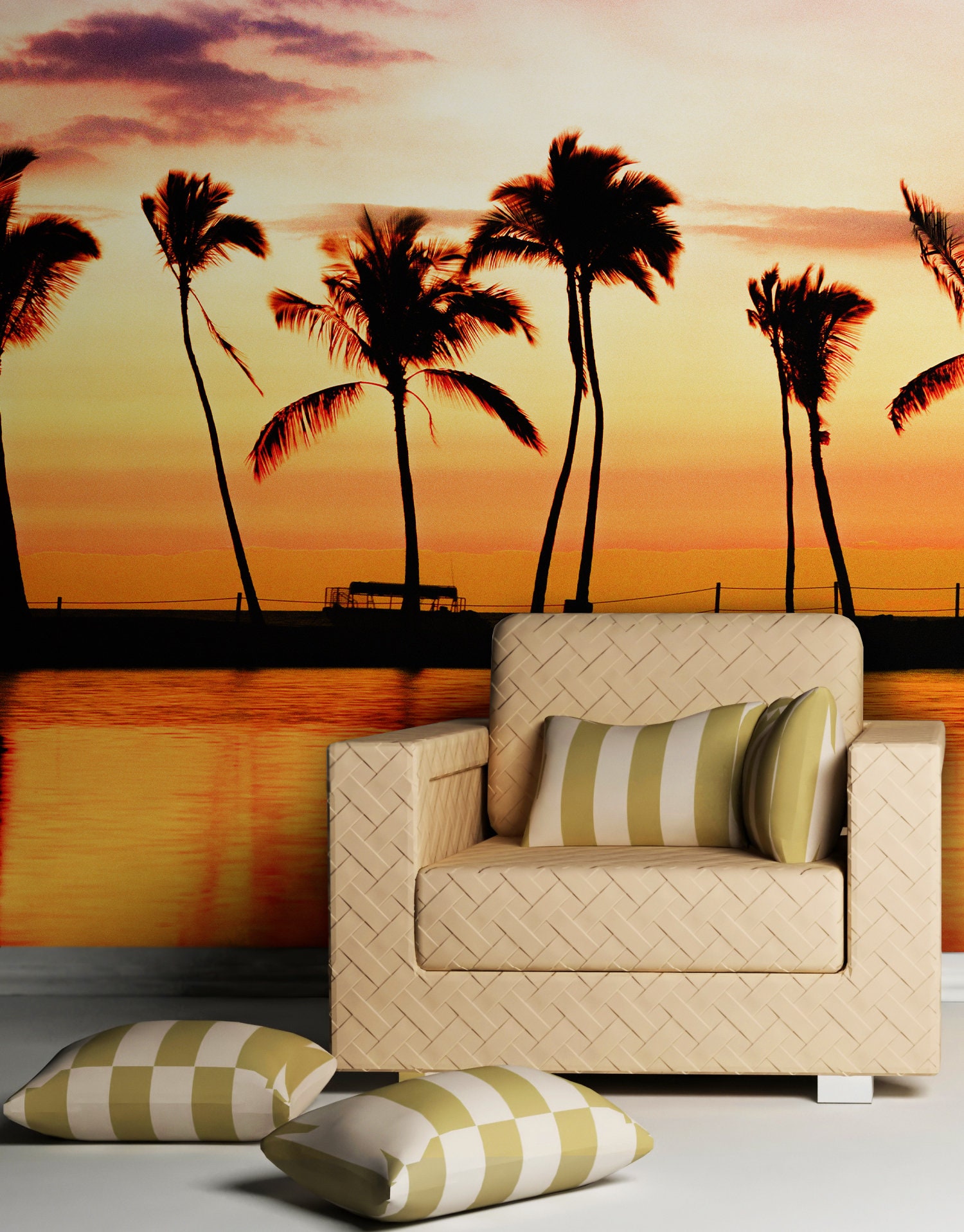 Tropical Sunset Palm Trees Wallpaper Peel and Stick Wall Mural. Beach ...